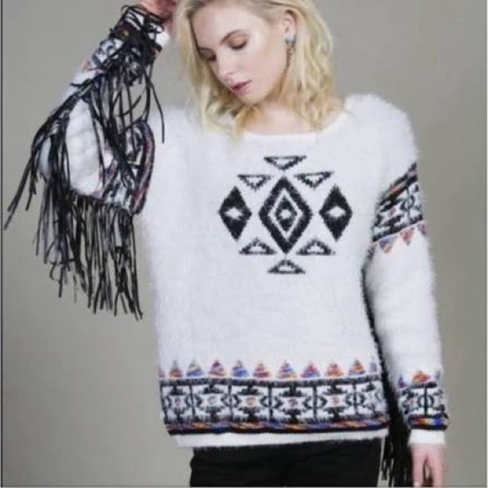 ELAN | Boatneck Aztec Print Sweater w Faux Fringe